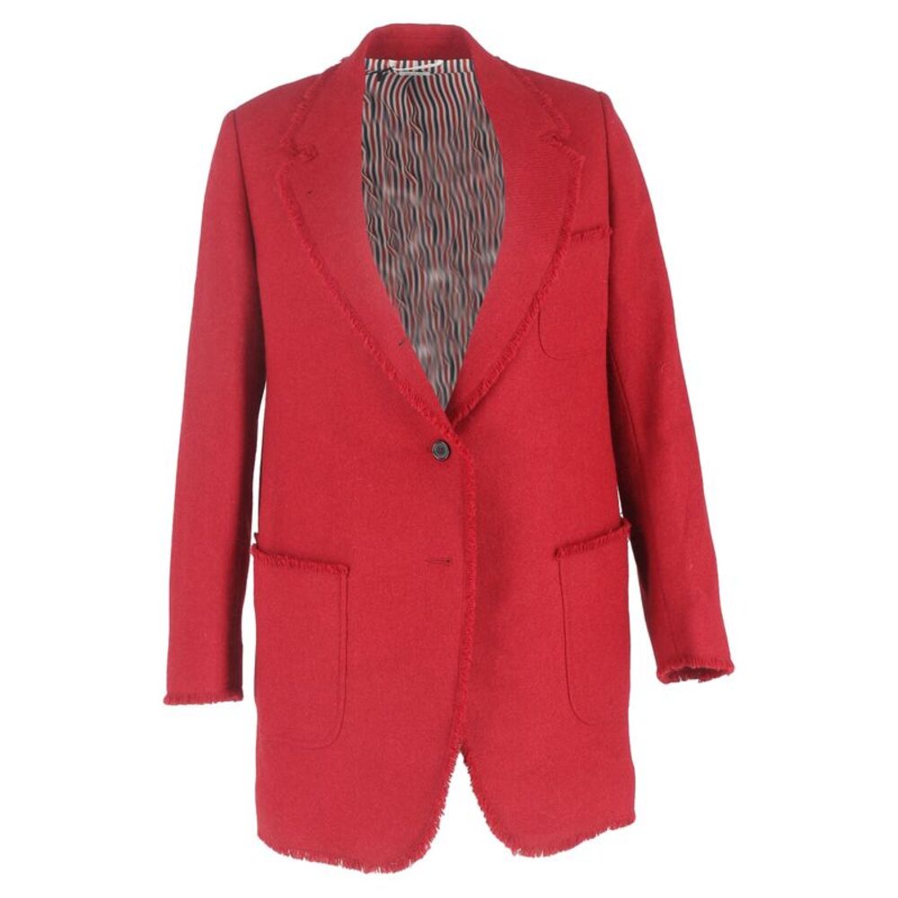 Thom Browne Single-Breasted Raw Hem Accent Blazer in Red Wool